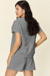 Double Take Full Size Texture Short Sleeve T-Shirt and Drawstring Shorts Set OutfitFlow